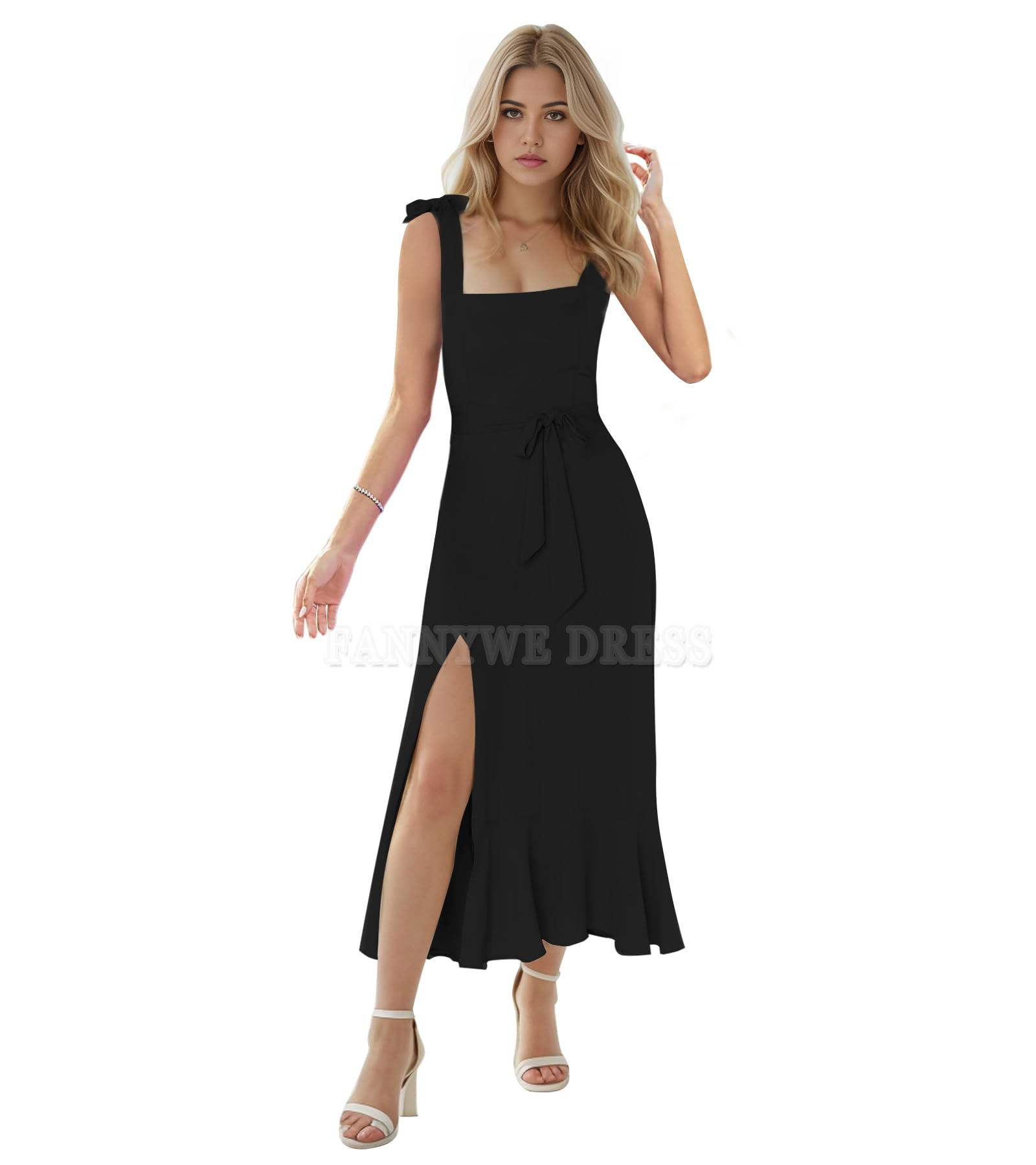 Vestidos formales con cuello en A y volantes, vestidos de dama de honor, vestido de noche, vestido de fiesta con abertura lateral